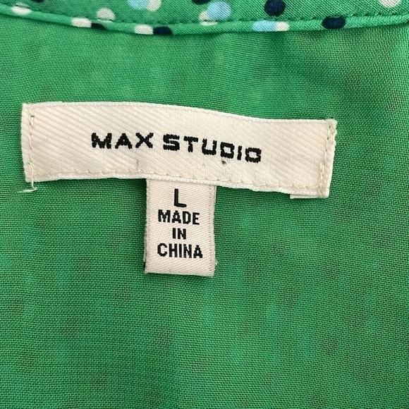 Max Studio Green Blue Polka Dot Pleated Long Sleeve Blouse Size Large - Picture 5 of 6